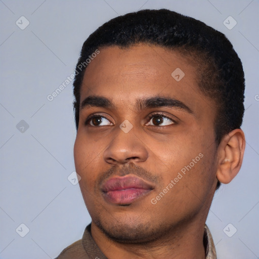 Neutral black young-adult male with short  black hair and brown eyes