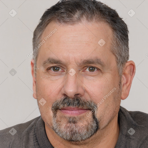 Neutral white middle-aged male with short  brown hair and brown eyes