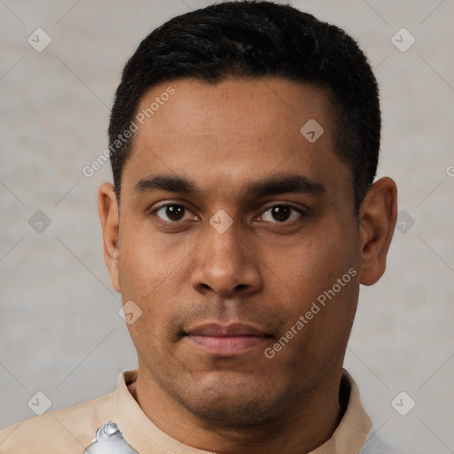 Neutral latino young-adult male with short  black hair and brown eyes