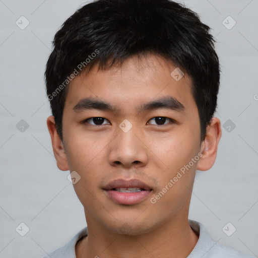 Neutral asian young-adult male with short  black hair and brown eyes