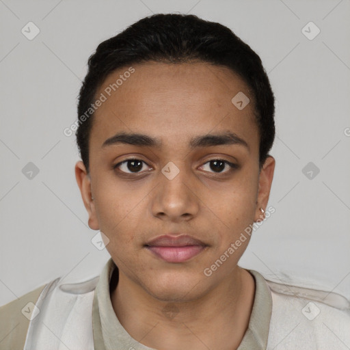 Neutral latino young-adult male with short  black hair and brown eyes