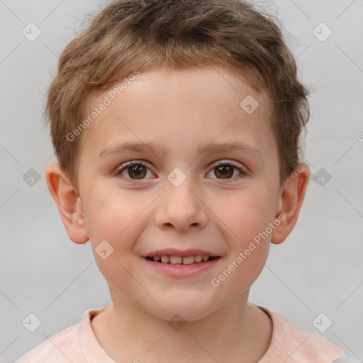 Joyful white child male with short  brown hair and brown eyes