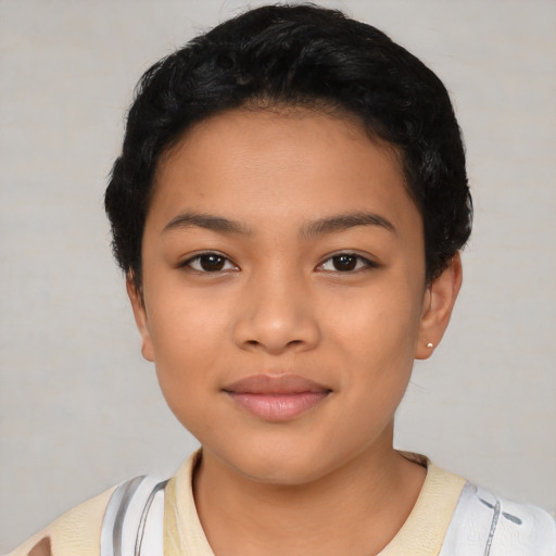 Joyful latino young-adult female with short  black hair and brown eyes