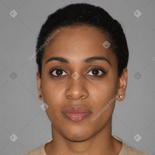 Neutral black young-adult female with short  black hair and brown eyes