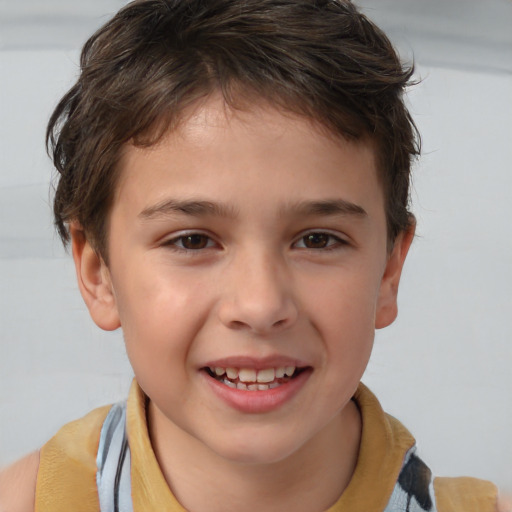 Joyful white child male with short  brown hair and brown eyes