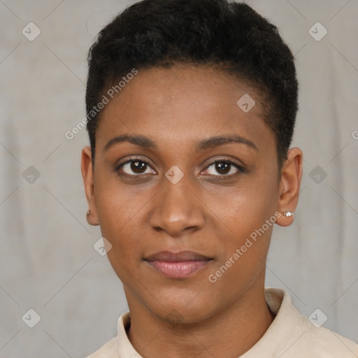 Joyful black young-adult female with short  brown hair and brown eyes