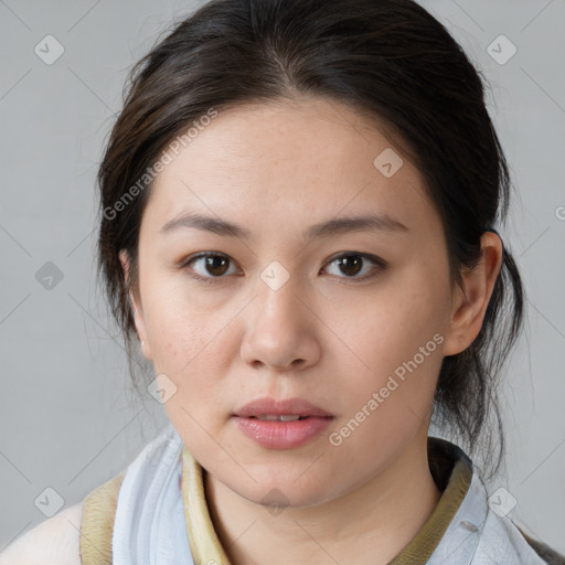 Neutral white young-adult female with medium  brown hair and brown eyes