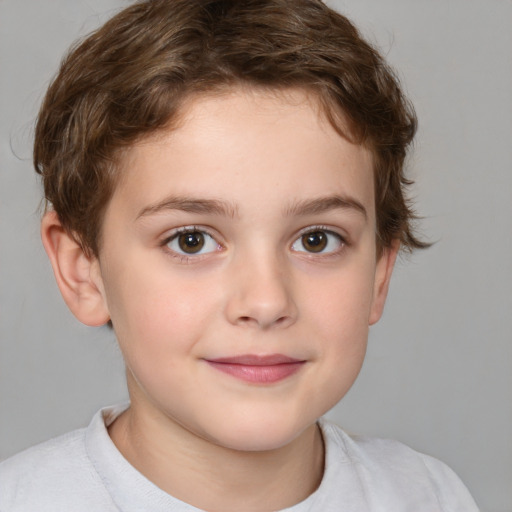 Joyful white child female with short  brown hair and brown eyes