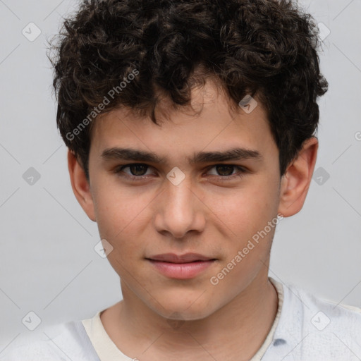 Joyful white child male with short  brown hair and brown eyes