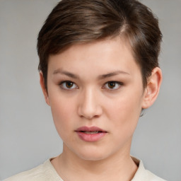 Neutral white young-adult female with short  brown hair and brown eyes