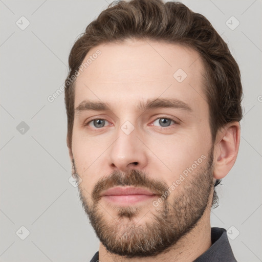 Neutral white young-adult male with short  brown hair and grey eyes