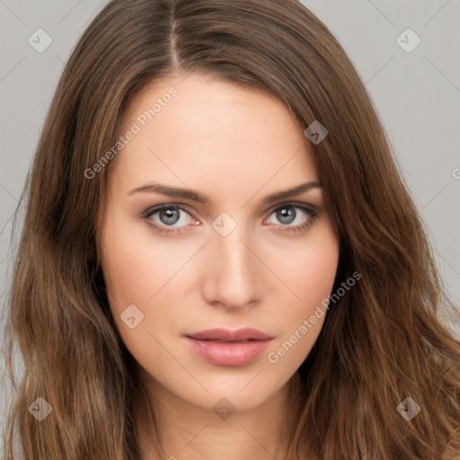 Neutral white young-adult female with long  brown hair and brown eyes