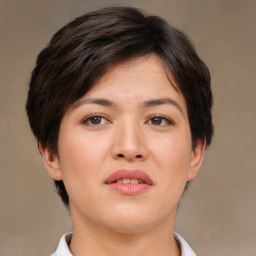 Neutral white young-adult female with short  brown hair and brown eyes