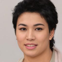 Joyful asian young-adult female with short  black hair and brown eyes