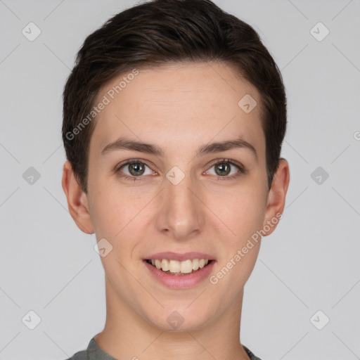 Joyful white young-adult female with short  brown hair and brown eyes