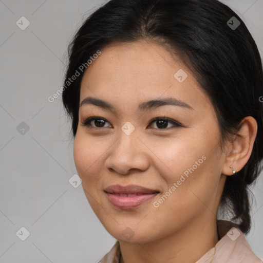 Joyful asian young-adult female with medium  brown hair and brown eyes