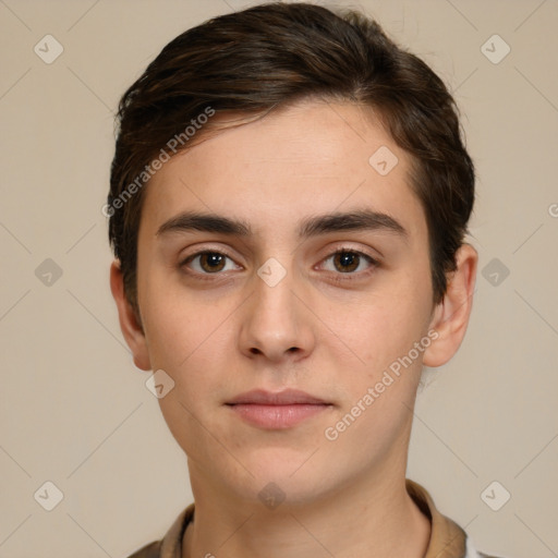 Neutral white young-adult male with short  brown hair and brown eyes