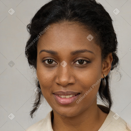 Joyful black young-adult female with medium  brown hair and brown eyes