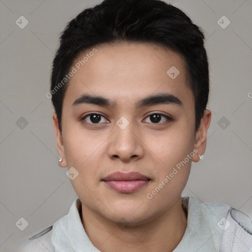 Joyful white young-adult male with short  black hair and brown eyes