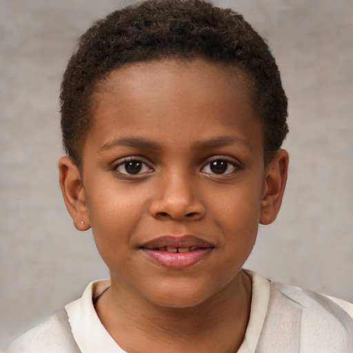 Joyful black child female with short  brown hair and brown eyes