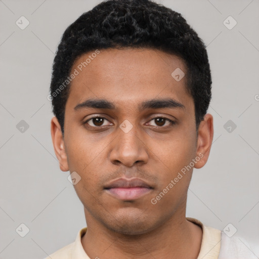 Neutral latino young-adult male with short  black hair and brown eyes