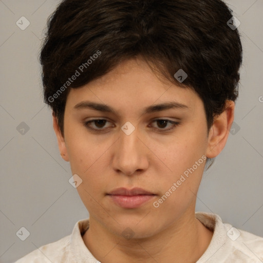 Neutral white young-adult female with short  brown hair and brown eyes