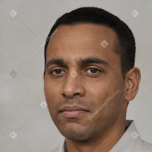 Neutral black young-adult male with short  black hair and brown eyes