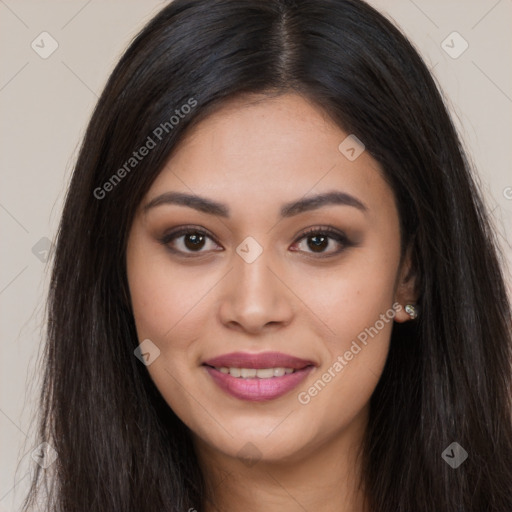 Joyful asian young-adult female with long  brown hair and brown eyes