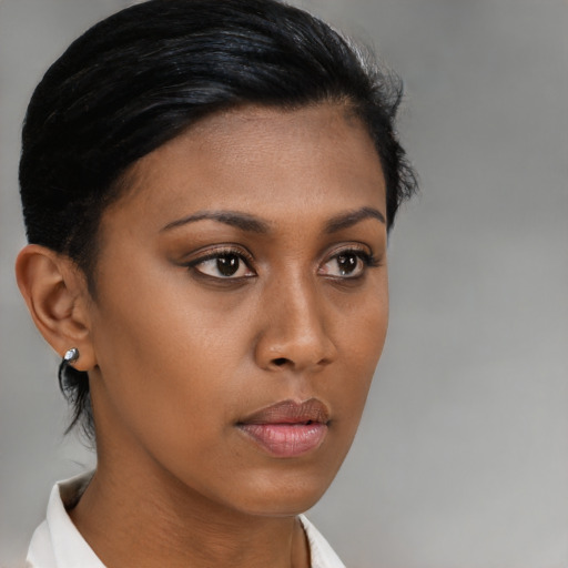 Neutral asian young-adult female with short  brown hair and brown eyes