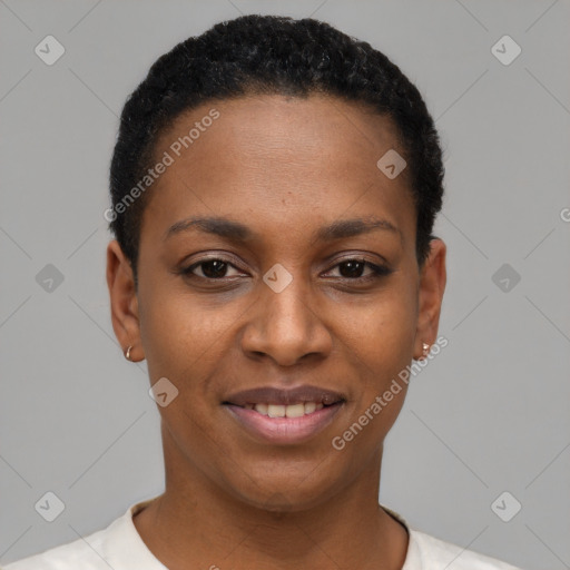 Joyful black young-adult female with short  black hair and brown eyes