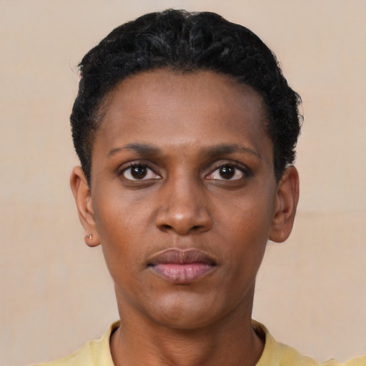 Neutral black young-adult female with short  black hair and brown eyes