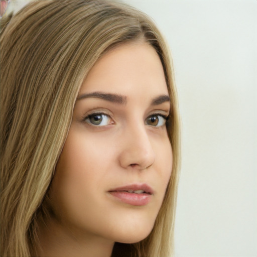 Neutral white young-adult female with long  brown hair and green eyes