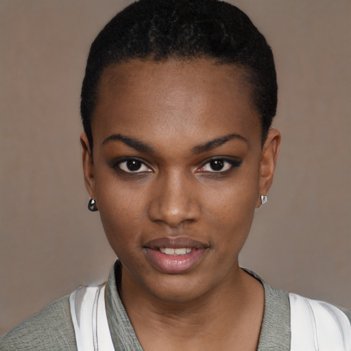 Neutral black young-adult female with short  black hair and brown eyes