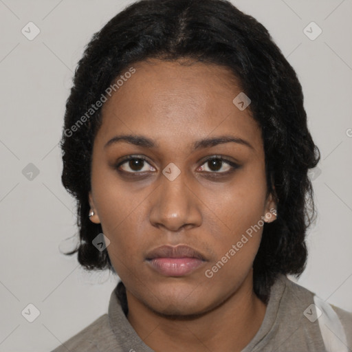 Neutral black young-adult female with short  black hair and brown eyes