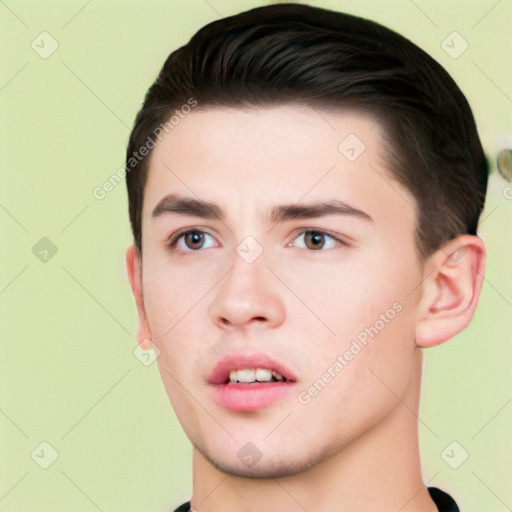 Neutral white young-adult male with short  brown hair and brown eyes