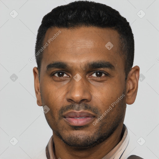 Neutral latino young-adult male with short  black hair and brown eyes