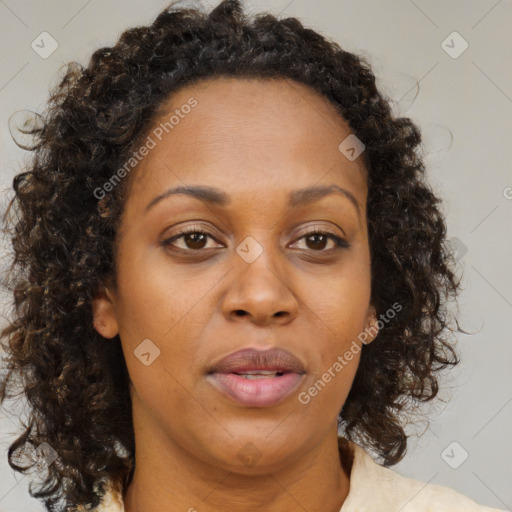 Joyful black adult female with medium  brown hair and brown eyes