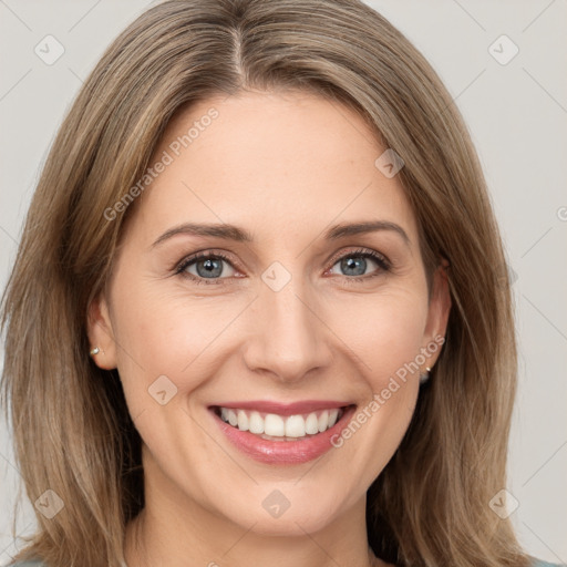 Joyful white young-adult female with medium  brown hair and grey eyes