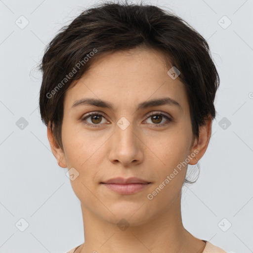 Neutral white young-adult female with short  brown hair and brown eyes