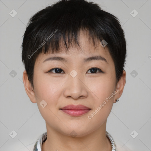 Joyful asian young-adult female with short  brown hair and brown eyes