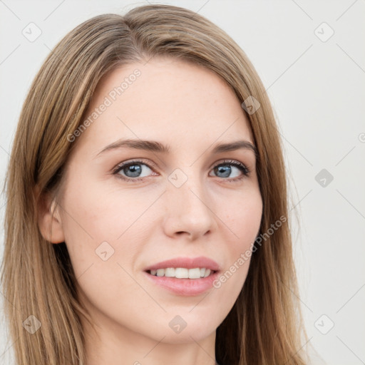 Joyful white young-adult female with long  brown hair and grey eyes