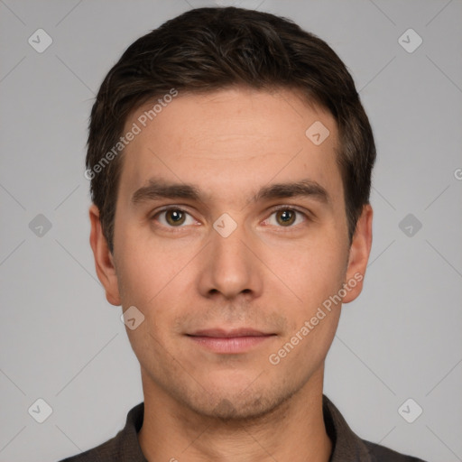 Neutral white young-adult male with short  brown hair and brown eyes