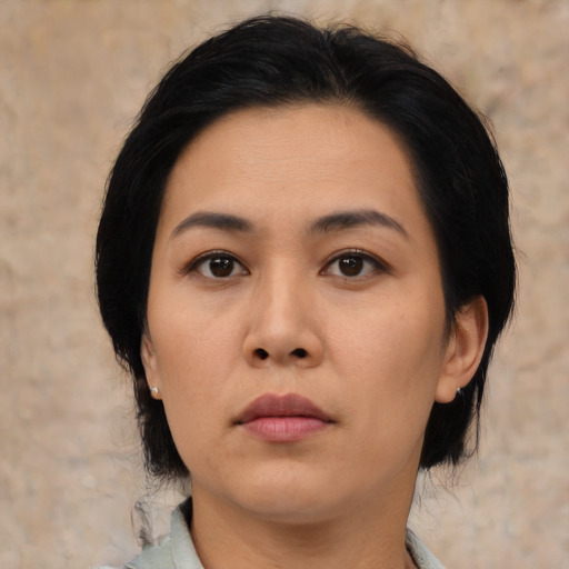 Neutral asian young-adult female with medium  black hair and brown eyes