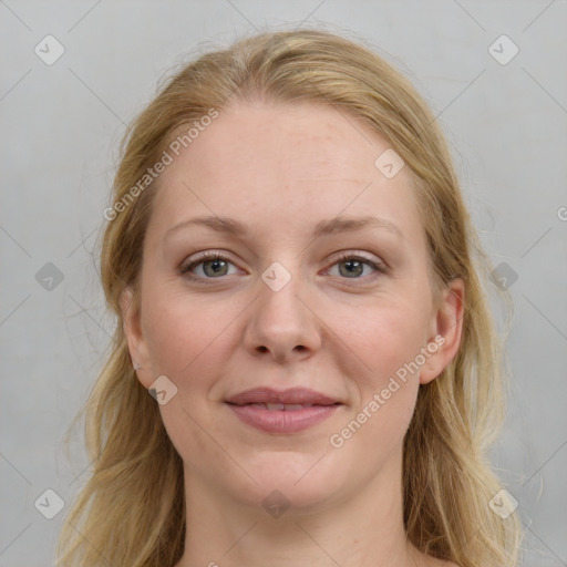 Joyful white young-adult female with medium  brown hair and blue eyes