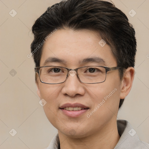 Joyful white adult female with short  brown hair and brown eyes