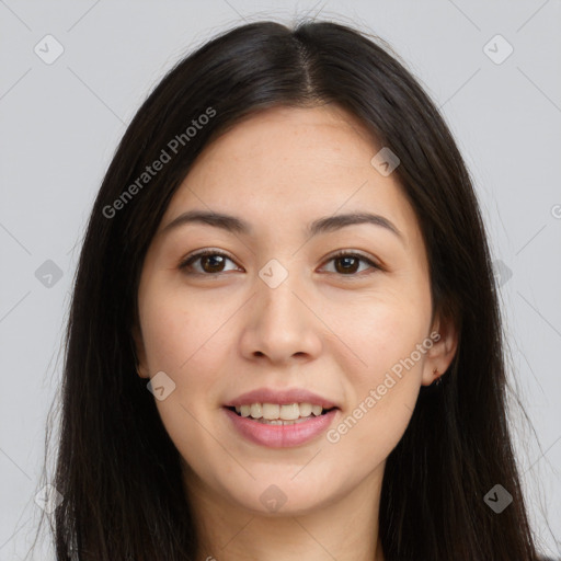 Joyful asian young-adult female with long  brown hair and brown eyes