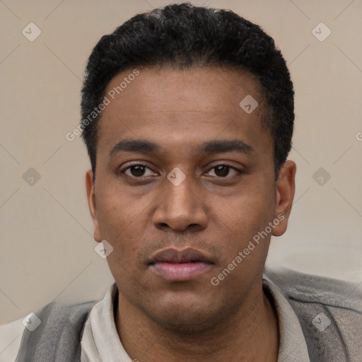 Neutral latino young-adult male with short  black hair and brown eyes