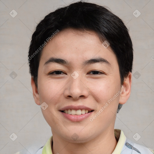 Joyful asian young-adult female with short  brown hair and brown eyes