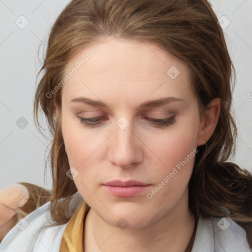 Neutral white young-adult female with medium  brown hair and grey eyes