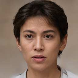 Neutral white young-adult female with short  brown hair and brown eyes